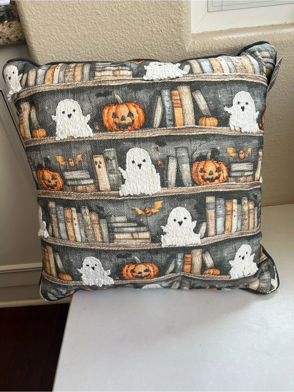 Halloween Grey Ghost & Pumpkin Books Library Decorative Throw Pillow